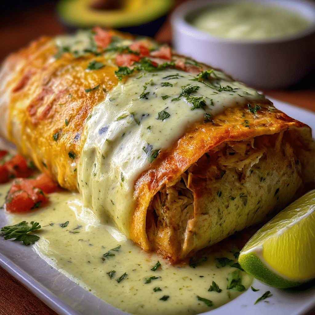 Baked Chicken Burritos with Creamy Green Chile Sauce