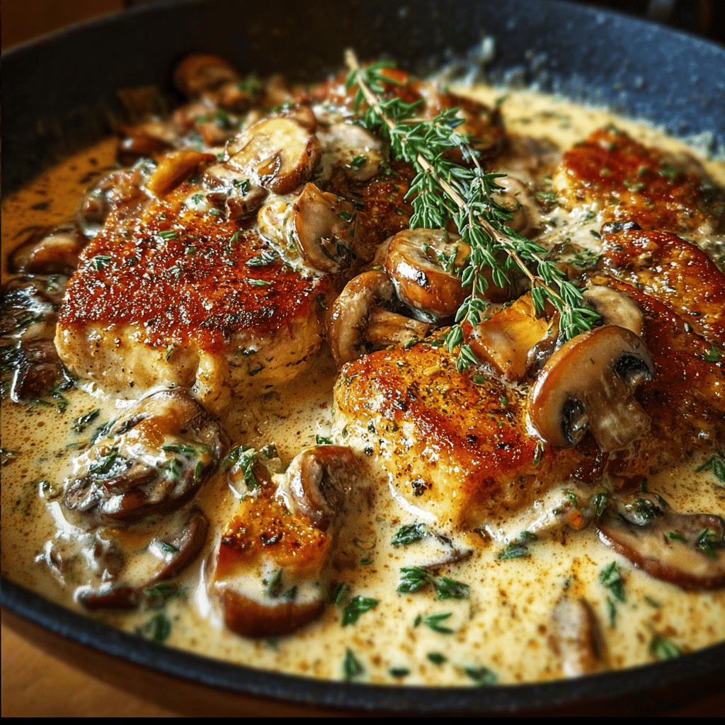 Creamy Asiago & Mustard Chicken Skillet with Mushrooms