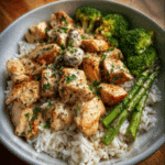 Creamy Chicken & Veggie Rice Bowl with Garlic Asparagus