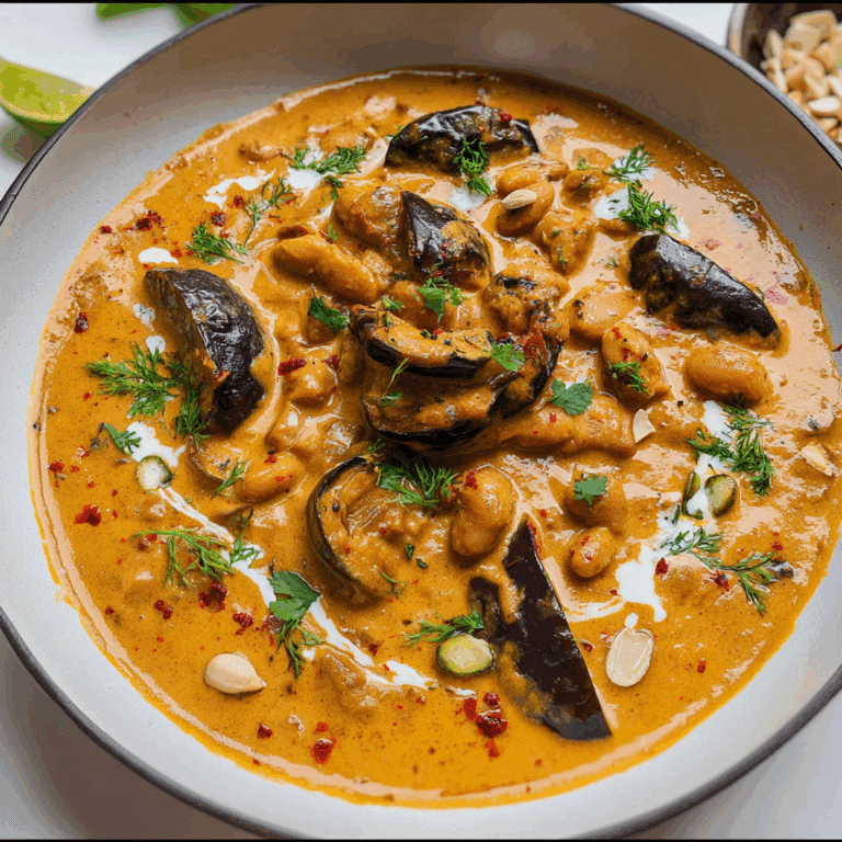 Creamy Peanut Curried Aubergine and Beans