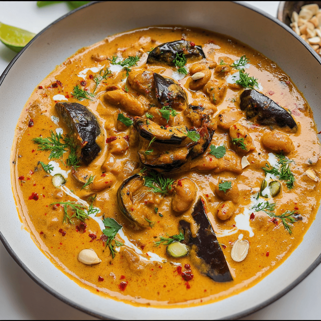 Creamy Peanut Curried Aubergine and Beans