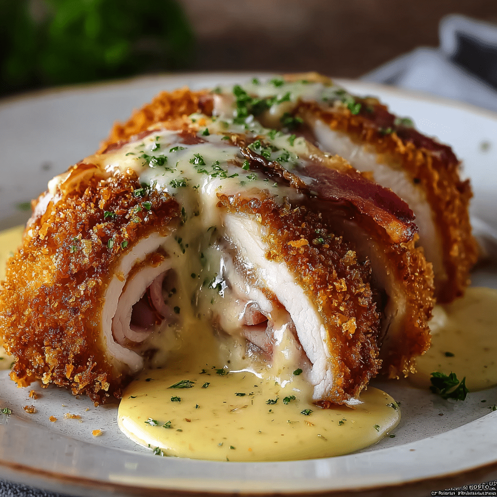 Crispy Chicken Cordon Bleu with Creamy Swiss Cheese Sauce