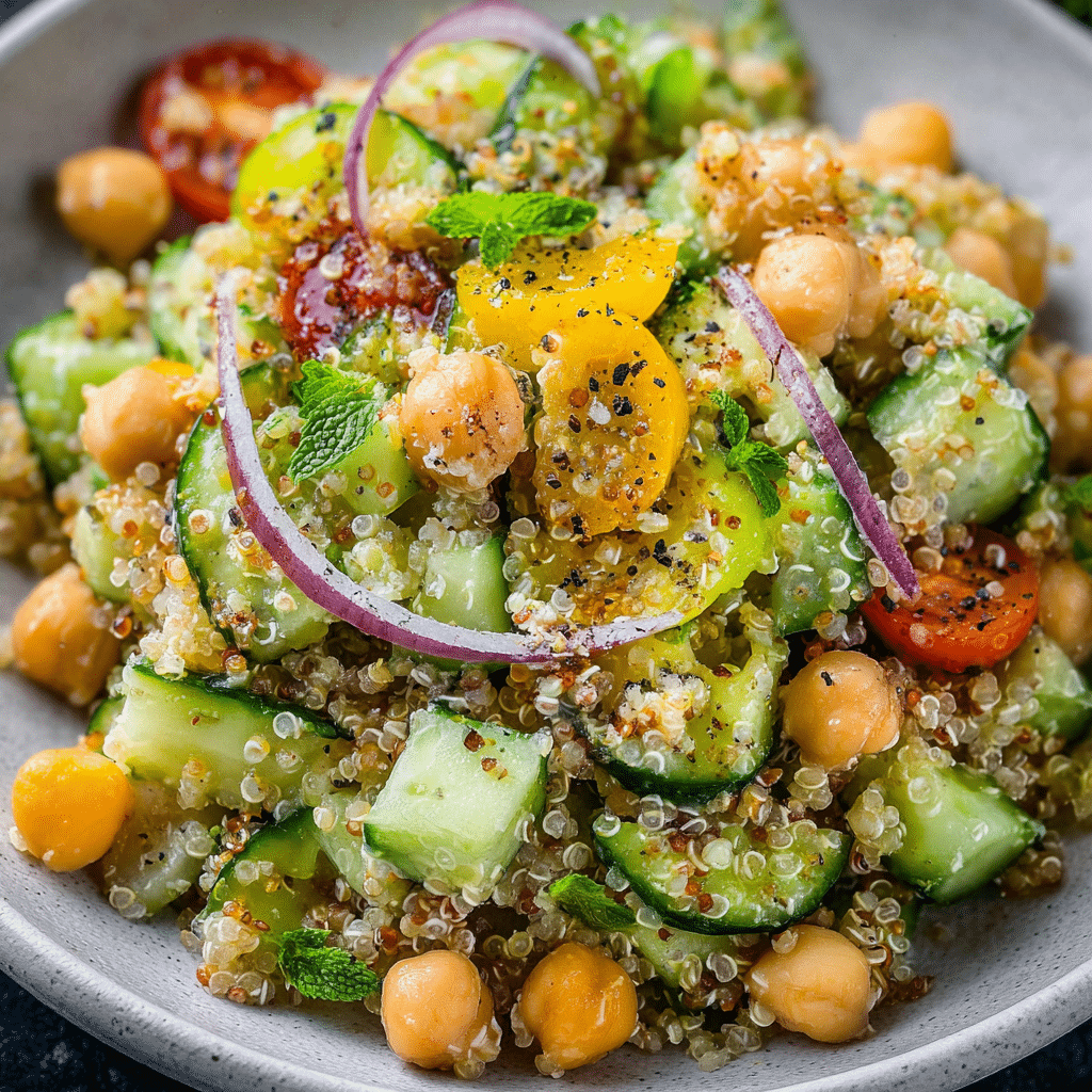 Crispy Quinoa Cucumber Chickpea Salad