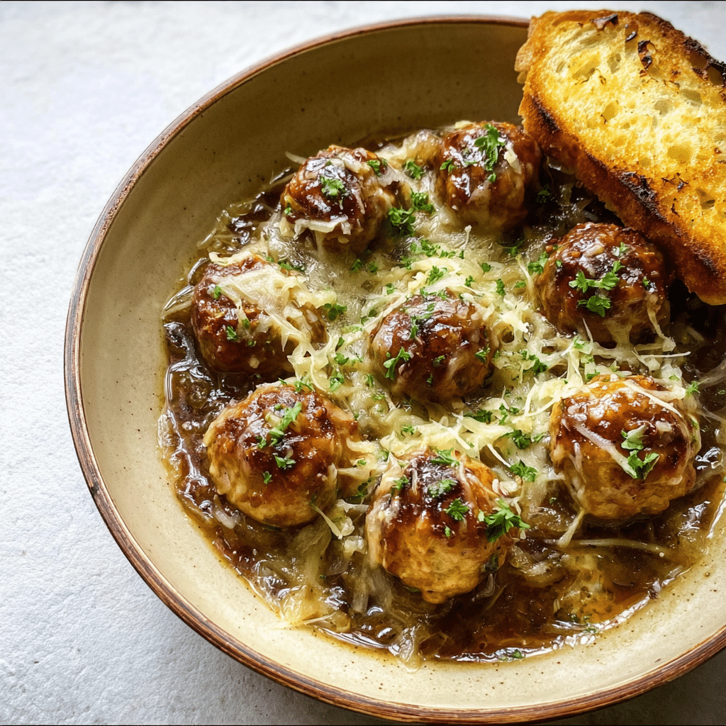 French Onion Chicken Meatballs with Gruyère Toast