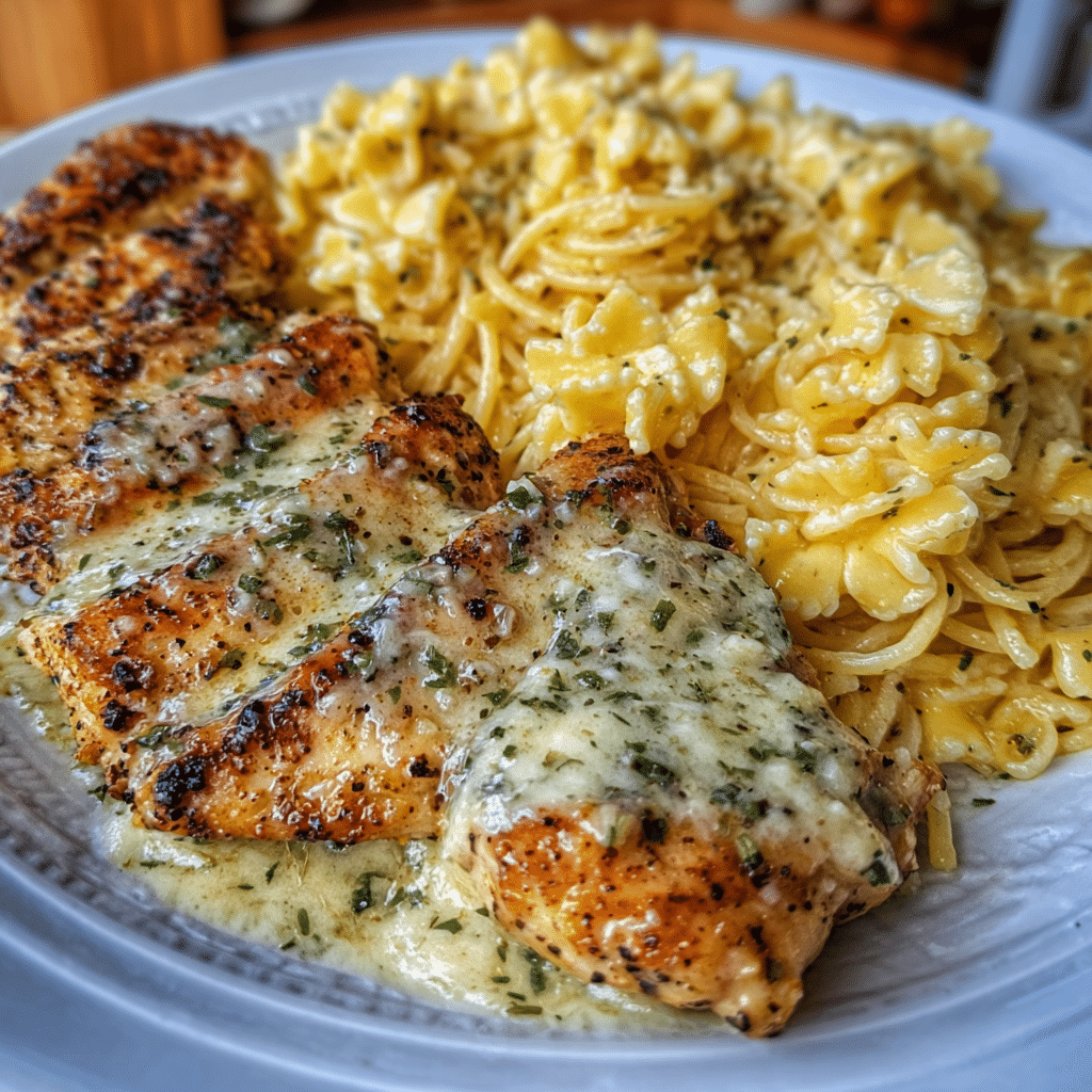 Garlic Butter Chicken with Creamy Three-Cheese Spaghetti