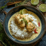 Golden Coconut-Lime Chicken in Creamy Sauce with Steamed Jasmine Rice