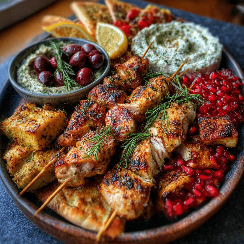 Greek Chicken Mezze Platter with Pomegranate Drizzle