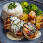 Grilled Chicken with Creamy Sauce, Rice, Roasted Potatoes & Broccoli