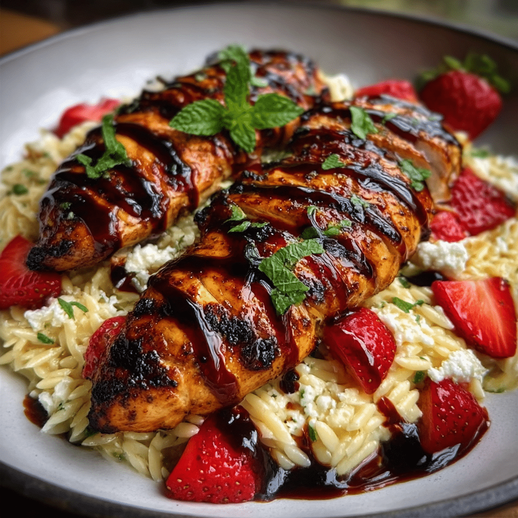 Grilled Chicken with Strawberry Balsamic Glaze & Ricotta Salata Orzo Salad