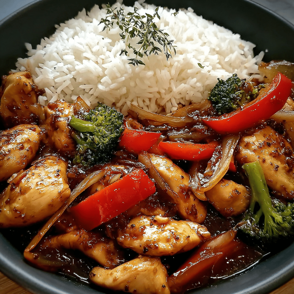 Savory Chicken Stir-Fry with Garlic Veggies & Steamed Rice