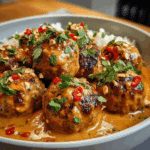 Thai Chicken Meatballs in Creamy Peanut Sauce